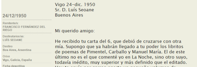 Carta de F. Fernández del Riego a Luís Seoane, do 24/XII/1950, informándolle do envío dun libriño inédito de Manuel María. 